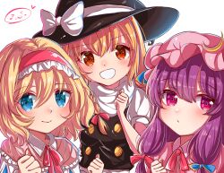 3girls absurdres alice_margatroid bad_tag black_vest blonde_hair blue_eyes commentary commentary_request dot_nose frilled_hairband frills hairband hat highres kirisame_marisa low_twintails minchia_(wncm5544) multiple_girls neck_ribbon nose orange_eyes pajamas partial_commentary patchouli_knowledge pink_hat pink_pajamas purple_eyes red_eyes red_hairband red_ribbon ribbon shirt short_hair simple_background smile teeth touhou twintails vest white_background white_shirt
