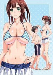 1boy 1girl age_difference bare_legs bare_shoulders barefoot bikini black_hair blue_bikini blue_scrunchie blush breasts brown_hair bulge chinatsu_(suzutsuki_kurara) cleavage closed_mouth collarbone commentary_request covered_erect_nipples daichi_(suzutsuki_kurara) embarrassed erection erection_under_clothes frilled_bikini frills full-face_blush green_eyes groin hair_ornament hair_scrunchie hairclip hand_on_own_hip hand_up height_difference large_breasts looking_at_another male_swimwear multicolored_bikini navel onee-shota original ponytail scrunchie shiny_skin short_hair sideboob small_sweatdrop smile standing stomach suzutsuki_kurara swim_trunks swimsuit topless_male two-tone_bikini white_bikini