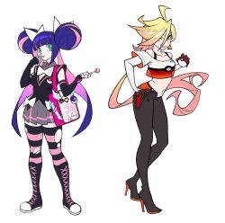 2girls alcremie bag black_boots black_pants blonde_hair blue_eyes blue_hair boots bow bowtie breasts candy collared_shirt crop_top detached_sleeves double_bun elbow_gloves food gen_6_pokemon gen_8_pokemon gloves green_eyes grey_skirt hair_bow hair_bun heart high_heels highres holding holding_food holding_poke_ball lace-up_boots lollipop long_hair low_ponytail midriff multiple_girls navel nintendo pants panty_&amp;_stocking_with_garterbelt panty_(psg) pink_bag pixel_heart pleated_skirt poke_ball poke_ball_print pokemon pokemon_(creature) ponytail shirt shoulder_bag skirt sleeveless sleeveless_shirt slurpuff stocking_(psg) striped_clothes striped_thighhighs thighhighs tlotro torn_clothes torn_thighhighs twintails white_background white_bow white_bowtie