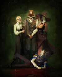 2boys 2girls absurdres armor bird_boy black_skin blonde_hair colored_skin dark_skin dress duchess_(elden_ring) elden_ring elden_ring_nightreign formal_clothes guardian_(elden_ring) hat highres large_hat multiple_boys multiple_girls recluse_(elden_ring) stephengiannart suit very_dark_skin witch witch_hat wylder_(elden_ring)