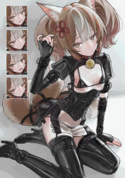 1girl absurdres animal_ear_fluff animal_ears bell black_corset black_gloves black_thighhighs breast_cutout breasts brown_eyes brown_hair corset fingerless_gloves gloves high_heels highres latex latex_thighhighs long_hair looking_at_viewer neck_bell saaal653 sekka_(shadowverse) shadowverse small_breasts tail thighhighs twintails