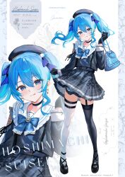 1girl :p absurdres artist_name asymmetrical_legwear bag belt beret black_gloves black_shoes blue_belt blue_bow blue_bowtie blue_choker blue_eyes blue_hair blue_hat blue_jacket blue_ribbon blue_skirt blue_thighhighs blush bow bowtie character_name choker clothing_cutout commentary_request double-parted_bangs earrings floating_hair full_body garter_straps gloves hair_between_eyes hair_ribbon hand_up hat highres holding holding_bag hololive hoshimachi_suisei jacket jewelry jirai_kei long_hair long_sleeves mismatched_legwear plaid_clothes plaid_skirt ribbon sailor_collar sakurada_nana shoes shoulder_cutout single_garter_strap skirt standing thighhighs tongue tongue_out twintails twitter_username virtual_youtuber white_sailor_collar white_thighhighs zoom_layer