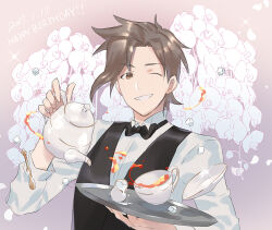 1boy black_bow black_bowtie black_vest bow bowtie brown_hair cup dated grin happy_birthday holding holding_teapot holding_tray idolmaster idolmaster_side-m kamiya_yukihiro kojijima long_sleeves looking_at_viewer male_focus one_eye_closed purple_background shirt smile solo sugar_cube teacup teapot tray upper_body vest white_shirt
