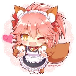 Rule 34 | &gt;;d, 1girl, ;d, animal ears, animal hands, apron, bell, cat paws, collar, commentary request, fangs, fate/grand order, fate (series), female focus, fox ears, fox tail, heart, long hair, looking at viewer, maid, maid apron, maid headdress, neck bell, one eye closed, open mouth, pink hair, ponytail, smile, solo, tail, tamamo (fate), tamamo cat (fate), tamamo cat (second ascension) (fate), tamamo no mae (fate), thighhighs, twitter username, v-shaped eyebrows, white thighhighs, yellow eyes, yukiyuki 441, zettai ryouiki