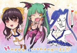 1boy 2girls ainu_clothes animal_print bat_print bat_wings blue_hair breasts bridal_gauntlets brown_eyes brown_hair capcom chibi cleavage crossover demon_girl fingerless_gloves gloves green_hair hair_ribbon head_wings japanese_clothes large_breasts legs leotard long_hair looking_at_viewer morrigan_aensland multiple_girls nakoruru one_eye_closed open_mouth pants pantyhose poorly_drawn ribbon samurai_spirits small_breasts snk sword tachibana_ukyou the_king_of_fighters thighs darkstalkers weapon wings yellow_eyes