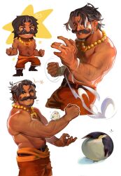 1boy animal_on_arm bara beard bird bird_on_arm black_hair chibi chibi_inset collage crosquire deformed facial_hair full_beard gol_d._roger hairy highres looking_at_viewer male_focus mature_male muscular muscular_male mustache navel_hair nipples one_piece penguin short_hair smile standing sweat tan thick_eyebrows thick_mustache topless_male