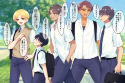 5boys bag black_hair blonde_hair blue_hair blue_pants brown_eyes brown_hair dark-skinned_male dark_skin glasses hands_in_pockets height_difference highres looking_at_another male_focus multiple_boys necktie open_mouth original outdoors pants ponponsoro purple_eyes red_hair school_bag school_uniform shirt translated white_shirt