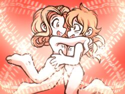 2girls barefoot biomerge brown_eyes brown_hair collarbone digimon digimon_adventure digimon_tamers fawn_(pixiv_53056952) flat_chest floating happy hug loli long_hair looking_at_another matrix_evolution multiple_girls nipples nude open_mouth red_background short_hair smile tachikawa_mimi takenouchi_sora yuri