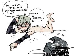 1boy alien_stage arm_warmers artist_request collar english_text green_hair lying nude on_stomach solo spiked_collar spikes the_pose unworn_shirt white_background