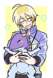 Rule 34 | absurdres, ace (dinosaur king), blonde hair, blush, closed eyes, dinosaur, dinosaur king, happy, highres, horns, rex owen, smile