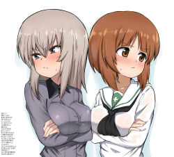 Rule 34 | 2girls, absurdres, blue eyes, blush, breasts, brown eyes, brown hair, chaarai, closed mouth, crossed arms, girls und panzer, grey hair, highres, itsumi erika, kuromorimine school uniform, large breasts, long hair, multiple girls, nishizumi miho, ooarai school uniform, school uniform, short hair, simple background, sweatdrop, yuri