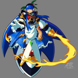 Rule 34 | 1girl, android, animemaster, armor, black armor, black hat, black helmet, blue hair, blue skirt, bow, chest jewel, dated, energy sword, food, food-themed hair ornament, frills, fruit, fruit hat ornament, full body, grey background, hair ornament, hat, hat ornament, helmet, highres, hinanawi tenshi, holding, holding sword, holding weapon, jewelry, kaname-ishi, leaf hat ornament, long hair, looking at viewer, mega man (series), mega man x (series), official style, peach, peach hair ornament, peach hat ornament, rainbow gradient, rainbow order, red eyes, ribbon, robot, robot ears, robot girl, shirt, signature, simple background, skirt, solo, sword, sword of hisou, touhou, very long hair, weapon