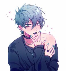 1boy alien_stage aqua_eyes aqua_nails black_choker black_sweater choker commentary cross cross_necklace ear_piercing earrings english_commentary eyebrow_piercing grey_hair highres jewelry long_sleeves male_focus necklace open_mouth piercing shinumeru short_hair simple_background single_off_shoulder solo sweater till_(alien_stage) very_short_hair white_background