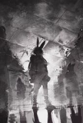 1boy 3girls absurdres amiya_(arknights) animal_ears arknights character_request doctor_(arknights) dress hands_in_pockets highres hood hood_up jacket jiuxiaoshi kal&#039;tsit_(arknights) long_hair monochrome multiple_girls rabbit_ears reflection reflective_water signature silhouette standing