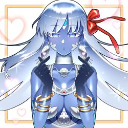 Rule 34 | 1girl, absurdres, armor, bare shoulders, bikini armor, blue eyes, blue skin, blush, breasts, colored skin, fate/grand order, fate (series), heart, highres, jewelry, kali (fate), kok (honeymelon), large breasts, long hair, looking at viewer, neck ring, puckered lips, solo, third eye, white hair