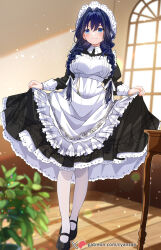 1girl :3 absurdres apron black_dress black_hair blue_eyes closed_mouth clothes_lift cyanzan dress dress_lift hair_ribbon hat highres hololive hololive_english indoors lifting_own_clothes long_hair maid maid_apron mary_janes mob_cap official_alternate_costume official_alternate_hairstyle ouro_kronii ouro_kronii_(maid) pantyhose petticoat plant potted_plant ribbon shoes solo virtual_youtuber white_apron white_pantyhose white_ribbon window