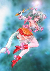 1990s_(style) 1998 1girl abstract_background akira_m animal_ears armpits bare_shoulders blue_background blush boots bow cat_ears cat_girl cat_tail choker dress drill_hair elbow_gloves fangs female_focus gloves grey_eyes grey_hair hair_bow hair_ribbon happy high_heels jewelry jumping layered_dress lens_flare long_hair looking_at_viewer looking_back magical_girl necklace no_bra open_mouth orange_dress original panties panty_peek pink_bow pink_panties pink_thighhighs pleated_dress red_boots red_dress retro_artstyle ribbon short_dress smile solo strapless strapless_dress tail tail_ornament tail_ribbon teeth thighhighs twin_drills underwear wand white_gloves