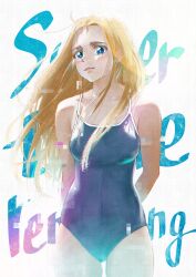 1girl absurdres arms_behind_back bare_shoulders blonde_hair blue_eyes blue_one-piece_swimsuit breasts chihirokrakauer closed_mouth collarbone commentary_request competition_school_swimsuit copyright_name cowboy_shot forehead highres kofune_ushio large_breasts long_hair looking_at_viewer one-piece_swimsuit school_swimsuit solo summertime_render swimsuit