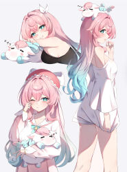 1girl animal aqua_eyes aqua_hair black_nightgown breasts commentary elphe english_commentary hat highres holding holding_animal honkai:_star_rail honkai_(series) hyacine_(honkai:_star_rail) little_ica_(honkai:_star_rail) long_hair lying medium_breasts multicolored_hair multiple_views nightgown on_stomach pink_hair red_hat rubbing_eyes simple_background sleepwear two-tone_hair white_background white_nightgown zzz