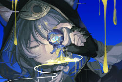 1girl absurdres animal_ears animal_hood ball black_gloves black_hood blue_background blue_eyes cat_ears cat_girl cat_hood cipher_(honkai:_star_rail) closed_mouth commentary crescent fingerless_gloves glitch gloves gold_trim grey_hair highres holding holding_ball honkai:_star_rail honkai_(series) hood hood_up looking_at_viewer nail_polish one_eye_closed qinglan1044 smile symbol-only_commentary