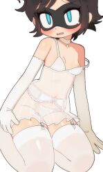 Rule 34 | batman (series), batrobin k, black hair, blue hair, breasts, dc comics, domino mask, elbow gloves, gloves, highres, lingerie, mask, navel, panties, robin (batrobin k), see-through clothes, seiza, short hair, simple background, sitting, small breasts, thighhighs, underwear, white background, white gloves, white panties, white thighhighs, zettai ryouiki