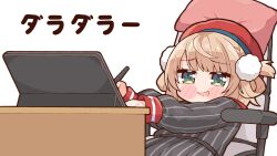 1girl beret black_serafuku blonde_hair blush_stickers chair green_eyes hat highres holding holding_stylus indie_virtual_youtuber kukie-nyan long_sleeves medium_hair meme office_chair open_mouth pillow pom_pom_(clothes) red_hat school_uniform serafuku shigure_ui_(vtuber) shirt simple_background sitting slouching slouching_shigure_ui_(meme) smile smug solo striped_clothes striped_shirt stylus swivel_chair table tablet_pc virtual_youtuber white_background