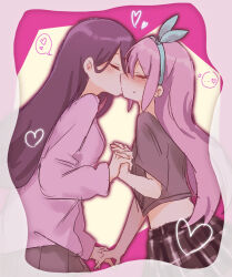 ... 2girls alternate_costume aubrey_(faraway)_(omori) aubrey_(omori) black_hair black_skirt blue_hairband border bow_hairband brown_shirt brown_skirt closed_eyes commentary_request couple cowboy_shot french_kiss from_side hair_behind_ear hair_between_eyes hairband heart highres holding_hands interlocked_fingers kiss long_hair long_sleeves mari_(faraway)_(omori) mari_(omori) midriff migimiya_yoru miniskirt multiple_girls omori pink_background pink_hair plaid_clothes plaid_skirt pleated_skirt profile puffy_long_sleeves puffy_sleeves purple_sweater shirt short_sleeves sidelocks simple_background skirt speech_bubble spoken_heart standing straight_hair sweater t-shirt thought_bubble u_u very_long_hair white_border yuri