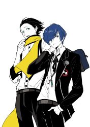 Rule 34 | 2boys, arm up, bag, belt, belt buckle, black belt, black hair, black pants, black ribbon, black trim, blue eyes, blue hair, buckle, collared shirt, digital media player, feet out of frame, gekkoukan high school uniform, hair over one eye, hair slicked back, hand in pocket, headphones, headphones around neck, highres, holding, holding bag, lapels, layered sleeves, long sleeves, looking to the side, male focus, mochizuki ryouji, mole, mole under eye, multiple boys, neck ribbon, notched lapels, one eye covered, open collar, open mouth, otoko haza, pants, parted bangs, persona, persona 3, ribbon, scarf, school emblem, school uniform, shirt, short hair, short sideburns, sideways glance, simple background, standing, suspenders, white background, white shirt, wing collar, yellow scarf, yuuki makoto (persona 3)