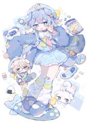 1boy 1girl :&lt; absurdres animal_ears bag bandaid bandaid_on_knee bandaid_on_leg black_shorts blonde_hair blue_coat blue_eyes blue_hair blue_hat blue_shirt blue_skirt blue_socks bone cellphone chibi claw_pose coat commentary_request commission cotono_(nazekun) dog dog_boy dog_ears dog_girl donut food full_body glasses gummy_candy hand_up handheld_game_console hat highres leg_warmers long_hair messenger_bag multicolored_hair necktie onigiri original phone pink_hair pink_necktie sailor_collar shirt shorts shoulder_bag sidelocks simple_background skeb_commission skirt sleeves_past_fingers sleeves_past_wrists socks star-shaped_pupils star_(symbol) streaked_hair striped_clothes striped_socks symbol-shaped_pupils watermark white_background white_leg_warmers white_sailor_collar yellow_necktie yellow_socks