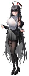 1girl absurdres black_coat black_hair black_halo black_pantyhose black_shoes black_skirt blue_archive blush bra_visible_through_clothes breasts coat commentary full_body grey_sweater hair_ornament halo high_heels highres holding holding_tablet_pc hsxxx large_breasts long_hair looking_at_viewer pantyhose pleated_skirt pouch red_eyes ribbed_sweater rio_(blue_archive) shoes simple_background skirt solo sweater tablet_pc thigh_pouch transparent_background very_long_hair