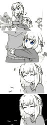 10s 2girls blonde_hair blue_eyes blush breasts comic energy_sword greyscale halo_(game) halo_(series) highres hug isaki_tanaka kami_jigen_game_neptune_v long_hair medium_breasts monochrome multiple_girls neptune_(series) open_mouth plump sangheili skirt smile sword traditional_media trick_the_hard upper_body vert&#039;s_sister vert_(neptunia) very_long_hair weapon white_background