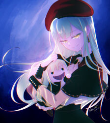 1girl ascot bang_dream! bang_dream!_it&#039;s_mygo!!!!! beret black_capelet capelet commentary dated green_brooch green_hair hat long_hair long_sleeves mortis_(bang_dream!) mortis_(costume)_(bang_dream!) wakaba_mutsumi_(doll) open_mouth red_hat see-through_clothes see-through_sleeves sidelocks signature wakaba_mutsumi white_ascot yellow_eyes yue_mao_(yukinihime)