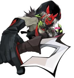1girl black_gloves breasts cleavage commentary_request dagger diabellstar_the_black_witch duel_monster gloves green_eyes grey_hair half_mask highres hood hood_up knife kurokoge013 mask purple_hair red_mask simple_background solo upper_body weapon white_background yu-gi-oh!