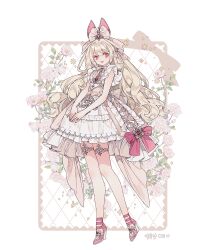1girl :d blush bow commentary commission dress flower frills full_body hair_between_eyes hair_bow hair_ornament holding lemon89h lolita_fashion long_hair looking_at_viewer open_mouth original pink_bow pink_eyes pink_flower pink_rose red_eyes rococo_movement rose shoes short_sleeves smile solo standing thighhighs very_long_hair white_dress white_flower white_rose
