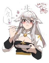 Rule 34 | 1girl, arch bishop (ragnarok online), black dress, blush, breasts, chopsticks, cleavage, cleavage cutout, closed mouth, clothing cutout, commentary request, cross, datenshi no fu, dress, eating, feathered wings, grey hair, hair between eyes, head wings, highres, holding, holding chopsticks, holding plate, juliet sleeves, large breasts, long hair, long sleeves, plate, puffy sleeves, ragnarok masters, ragnarok online, red eyes, simple background, solo, two-tone dress, upper body, white background, white dress, white wings, wings