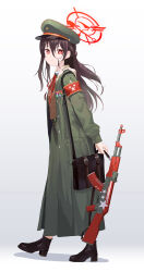 1girl absurdres ak-47 akm armband assault_rifle badge bag belt black_bag black_boots black_hair black_hat boots bow bowtie brown_shirt buttons closed_mouth coat dot_nose full_body gradient_background green_hat green_jacket grey_background gun gun_sling halo handbag hat highres holding_strap jacket kalashnikov_rifle long_hair long_jacket long_sleeves looking_at_viewer military military_coat military_dress_uniform military_hat military_uniform multicolored_hat original platform_boots platform_footwear pocket red_armband red_bow red_bowtie red_eyes red_halo red_hat ribbon_bar rifle ryeon_(naturesan) serious shadow shirt solo standing star-shaped_pupils star_(symbol) strap symbol-shaped_pupils weapon