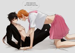 2boys absurdres all_fours crossdressing dress embarrassed english_text genshin_impact highres looking_away_from_partner multiple_boys nipples open_clothes open_shirt sailor_dress school_uniform speech_bubble tartaglia_(genshin_impact) twitter unseisodom white_background yaoi zhongli_(genshin_impact)