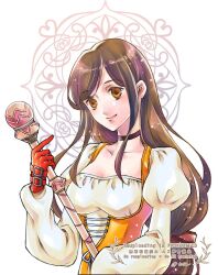 1girl black_choker bodysuit breasts brown_eyes brown_hair choker closed_mouth final_fantasy final_fantasy_ix garnet_til_alexandros_xvii gloves holding holding_staff juliet_sleeves long_hair long_sleeves low-tied_long_hair medium_breasts orange_bodysuit portrait puffy_sleeves quichi_91 red_gloves smile solo staff swept_bangs twitter_username upper_body white_background