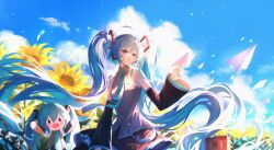 1girl absurdres aqua_nails bare_shoulders black_skirt black_sleeves blue_eyes blue_hair blue_sky camera cloud cloudy_sky commentary_request day detached_sleeves flower grey_shirt hair_between_eyes hair_ornament hatsune_miku highres holding holding_paper_airplane long_hair necktie open_mouth outdoors paper_airplane pleated_skirt shirt sitting skirt sky sleeveless sleeveless_shirt smile solo stuffed_toy sunflower theazureciel thighhighs twintails very_long_hair vocaloid wide_sleeves