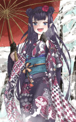 1girl absurdres black_gloves black_kimono blush braid braided_bun commentary double_bun english_commentary feet_out_of_frame gloves hair_bun hands_up highres holding holding_umbrella hololive hololive_english japanese_clothes kimono long_hair looking_at_viewer mole mole_under_eye ninomae_ina&#039;nis ninomae_ina&#039;nis_(new_year) obi official_alternate_costume oil-paper_umbrella open_mouth pointy_ears print_kimono purple_hair sash smile snowing solo umbrella varo_006 virtual_youtuber