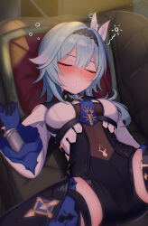 1girl blue_gloves blue_hair blue_necktie blush boots breasts chest_harness closed_eyes commentary couch drunk eula_(genshin_impact) ewaaawa from_behind genshin_impact gloves hand_up harness high-waist_shorts highres light_particles lying medium_breasts medium_hair necktie on_back on_couch open_mouth shorts sleeping solo spread_legs thigh_boots wide_sleeves