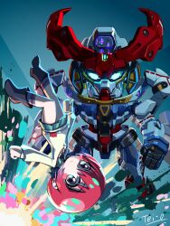 1girl amate_yuzuriha aqua_eyes artist_name chibi commentary earrings gquuuuuux gundam gundam_gquuuuuux highres jewelry looking_at_viewer mecha mobile_suit red_hair robot short_hair tei-o upside-down v-fin
