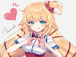 1girl akai_haato akai_haato_(1st_costume) blonde_hair blue_eyes blush hair_ornament hair_ribbon heart heart_hair_ornament heart_hands highres hololive long_hair looking_at_viewer momone_cco one_side_up red_ribbon ribbon shirt smile solo tongue tongue_out twintails very_long_hair virtual_youtuber white_background white_shirt