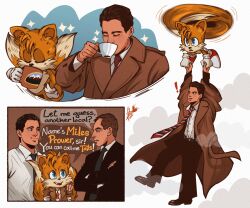 ! 3boys animal_ears arm_up black_hair black_pants blue_eyes brown_coat brown_hair character_request closed_eyes coat coffee_mug cup dale_cooper english_text fox_boy fox_ears fox_tail furry furry_male highres holding holding_cup long_sleeves mug multiple_boys necktie open_mouth pants red_necktie schumisnoopy short_hair sonic_(series) speech_bubble striped_necktie tail tails_(sonic) twin_peaks