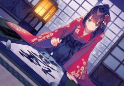 1girl all_fours arm_support black_hair black_hakama blunt_bangs calligraphy_brush closed_mouth dutch_angle female_focus floral_print flower green_eyes hair_flower hair_ornament hakama hakama_skirt holding holding_brush indoors ink inkwell japanese_clothes kimono lantern long_hair long_sleeves nail_polish original paintbrush ponytail print_kimono red_kimono red_nails scroll skirt sliding_doors smile solo tatami wide_sleeves writing yasumo_(kuusouorbital)