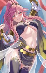 1girl absurdres arms_up black_thighhighs blush braid breasts closed_mouth commentary_request dancer fire_emblem fire_emblem_awakening hair_between_eyes high_ponytail highres large_breasts long_hair navel nintendo olivia_(festival_dancer)_(fire_emblem) olivia_(fire_emblem) pink_eyes pink_hair ponytail smile solo tarutaru193 thighhighs twin_braids