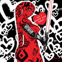 Rule 34 | 1girl, ?, alien, artist request, black background, black gloves, breasts, chest tattoo, clenched teeth, colored skin, curvy, darth talon, elbow gloves, energy sword, english text, facial tattoo, gloves, heart, highres, holding, holding sword, holding weapon, lekku (anatomy), lightsaber, looking at viewer, nipples, no humans, nude, pointing, pointing at viewer, pussy, pussy peek, red eyes, red lightsaber, red skin, revealing clothes, serious, shoulder tattoo, signature, simple background, spoken heart, standing, star wars, star wars: legacy, sword, tattoo, teeth, twi&#039;lek, weapon, wide hips