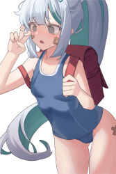 1girl @_@ absurdres backpack bag bandaid bandaid_on_cheek bandaid_on_face bandaid_on_leg blue_one-piece_swimsuit blush breasts colored_inner_hair epinel_(nikke) gluteal_fold goddess_of_victory:_nikke green_eyes green_hair grey_hair highres holding_strap long_hair multicolored_hair one-piece_swimsuit open_mouth ponytail randoseru school_swimsuit small_breasts solo standing swimsuit tearing_up two-tone_hair white_background yusya_(yusya3979)