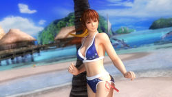 3d beach bikini breasts dead_or_alive dead_or_alive_5 highres kasumi_(doa) large_breasts midriff ocean official_art official_wallpaper palm_tree swimsuit tecmo tree