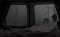 2others adagumo_no_saragimaru androgynous ass bed_sheet collarbone completely_nude curtains forest from_behind frown green_hair hand_on_own_thigh high_ponytail highres implied_sex indoors len&#039;en lying multiple_others nature nude on_bed on_side open_mouth photo_background pillow ponytail purple_hair rain rainlow shaded_face shitodo_kuroji short_hair short_ponytail shoulder_blades snake_tail tail tree window